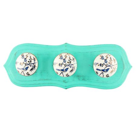 Sage Green With Blue Bird Golden Berry Ceramic Wooden Hook